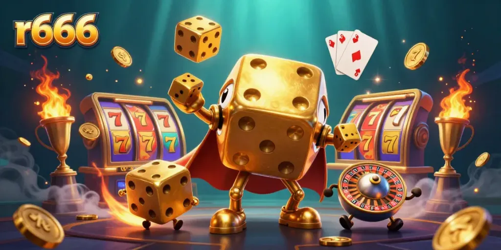 Feel the excitement of r666 with dynamic golden dice and slots in a captivating casino atmosphere.