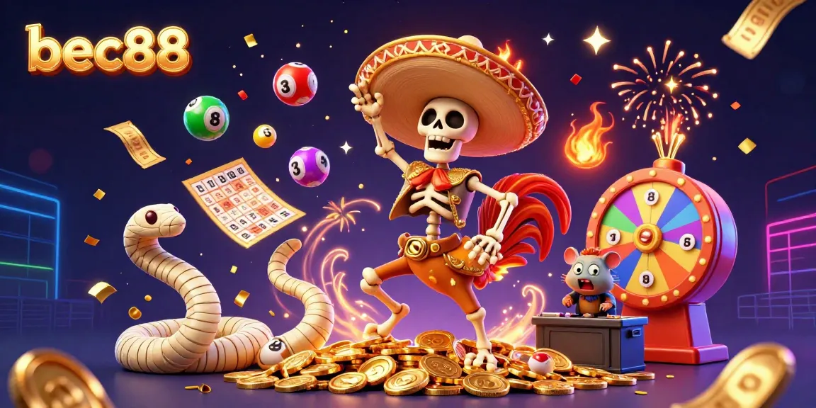 Bets on vibrant lottery elements as bec88's mariachi rooster celebrates a big win in a dynamic casino scene.