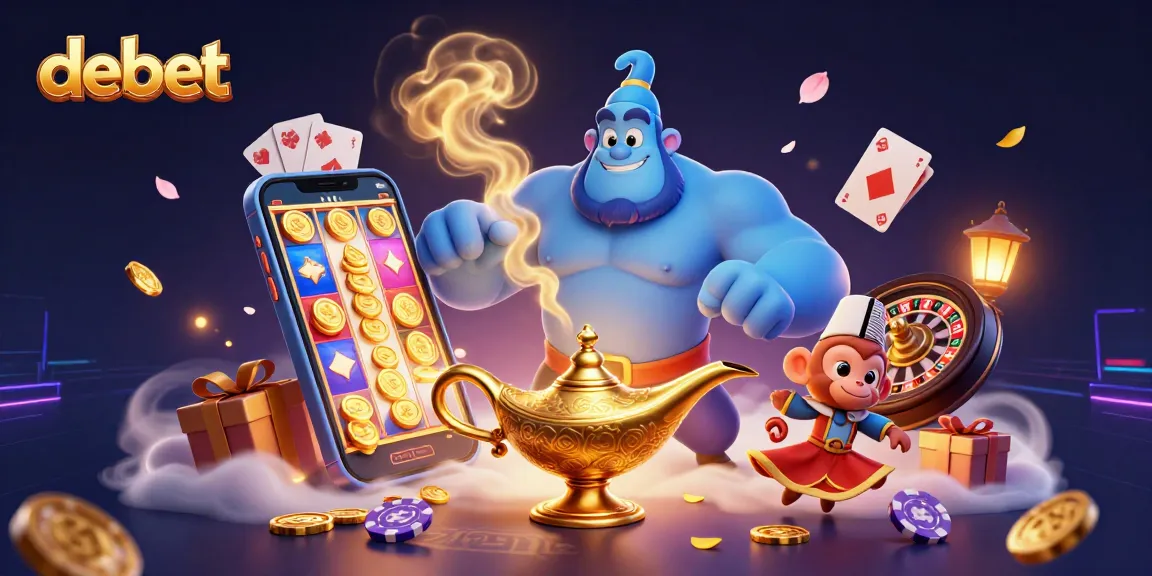 Experience debet excitement with a genie, monkey, and poker chips in a vibrant casino scene.