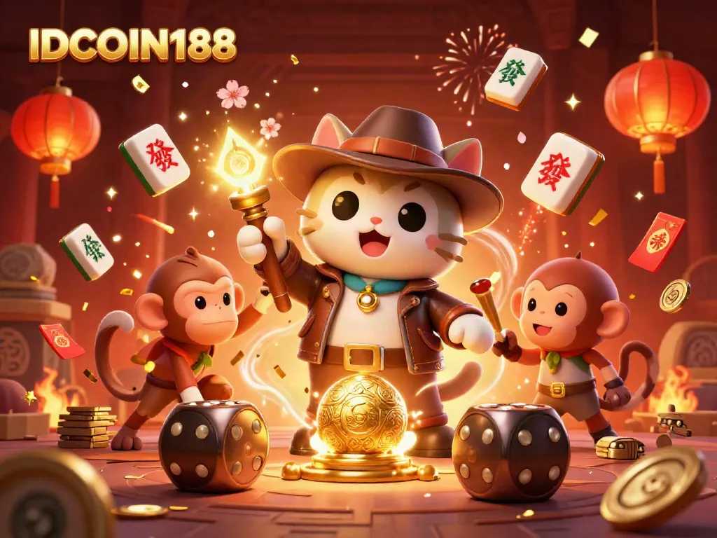 Experience excitement and adventure with IDCOIN188 as the archaeologist cat and monkey uncover a golden casino relic.