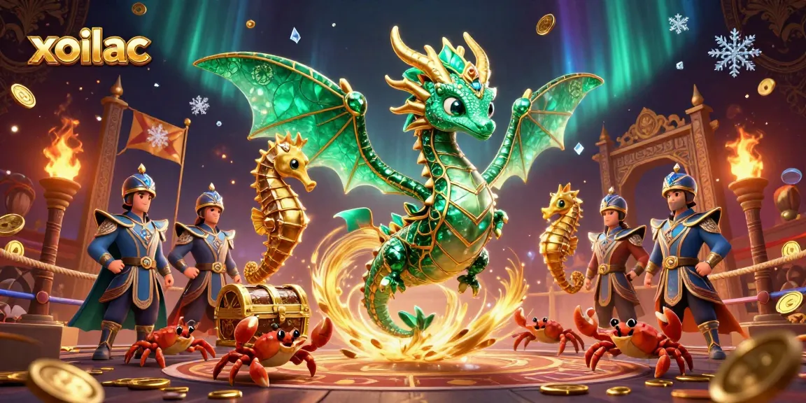 Xoilac sports betting illustration featuring a lavish sea dragon, royal seahorses, and tiny crabs amidst golden particles and a vibrant arena.