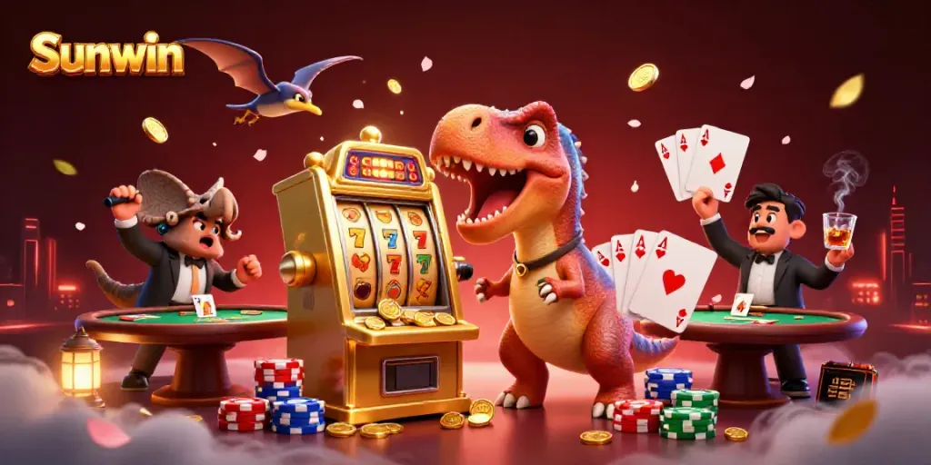 Engaging scene of Sunwin-themed casino fun with cartoon dinosaurs celebrating a jackpot win.