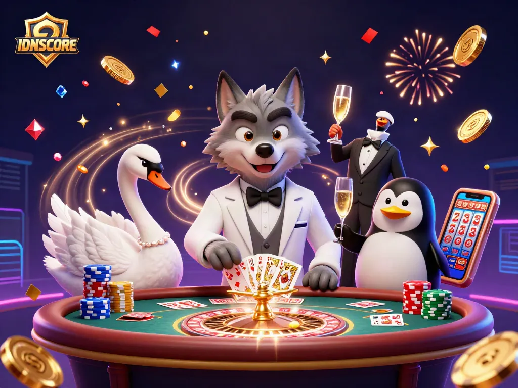 Experience IDNSCORE's thrilling betting scene with a wolf, swan, and penguin celebrating at the casino.