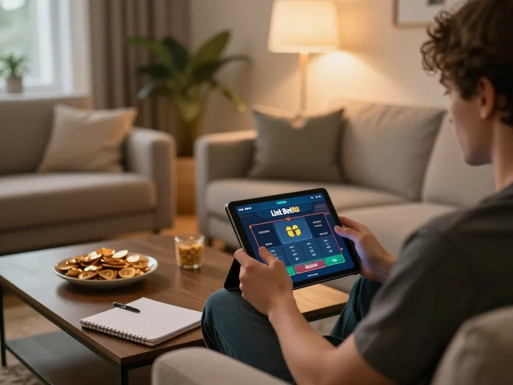 Engaging with the Link Bet88 app on a tablet in a cozy home gaming setting.