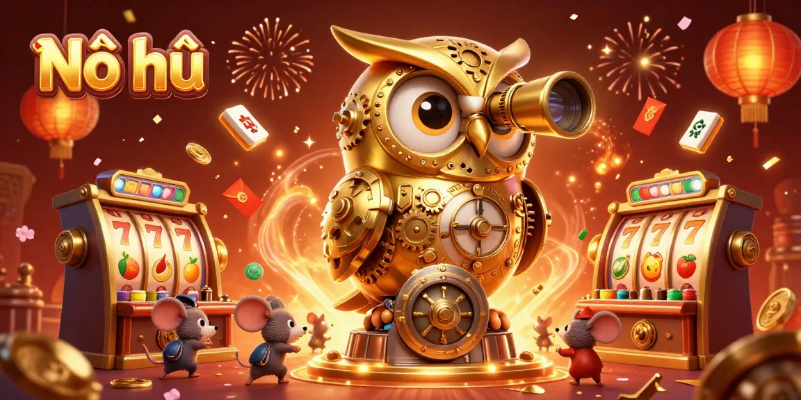 Nổ hũ features a vibrant casino scene with a golden owl, slot reels, and festive elements celebrating luck.