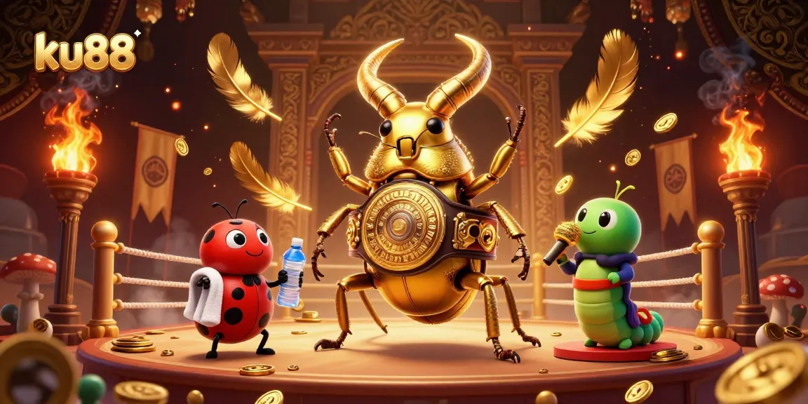 ku88 betting excitement captured in a vibrant 3D scene with a golden stag beetle and casino elements
