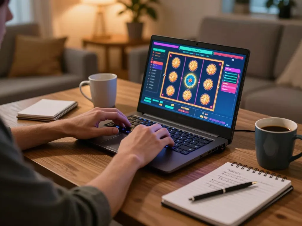 Engaging online casino gaming at home, showcasing gamedoithuong88 user placing bets on vibrant slot machines.