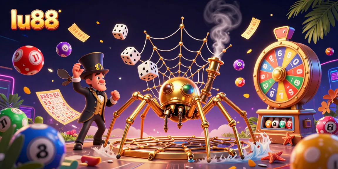 Experience thrilling gaming with lu88, a dynamic 3D scene showcasing a steampunk spider and vibrant lottery elements.