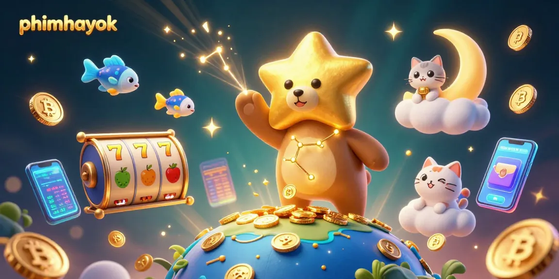 Experience exciting wins with phimhayok in this vibrant casino-themed illustration showcasing carts, coins, and stars.