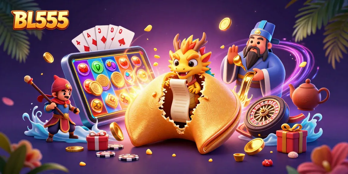 Engage with exciting slots and games at BL555 with a vibrant, dynamic casino illustration.