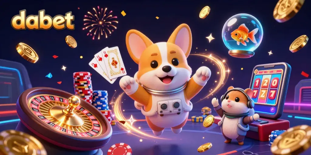 Dabet highlights an exciting casino scene with an astronaut corgi, drifting poker chips, and a mission-control hamster