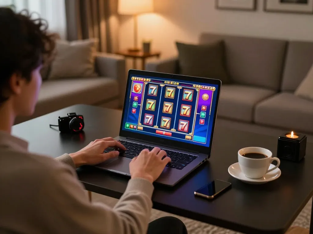 Engaging scene of online gaming with SLOT777 slot interface displayed, cozy home setup featuring laptop and coffee.