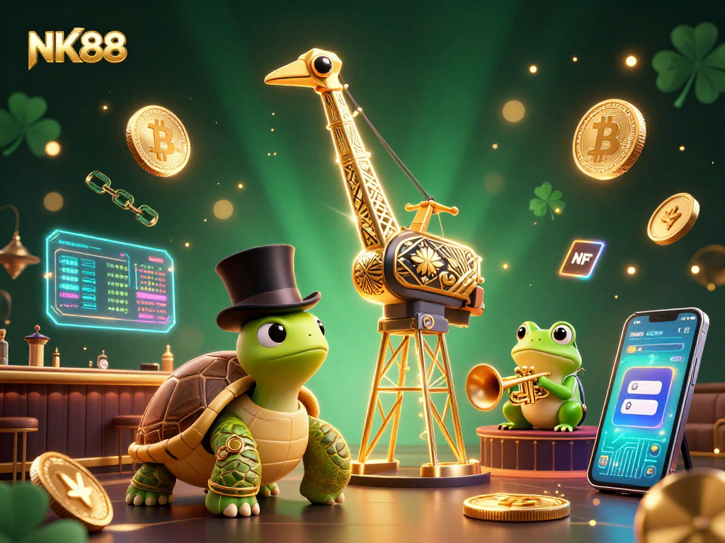 Join the excitement at NK88, showcasing a vibrant 3D casino scene filled with animated characters and cryptocurrency elements.