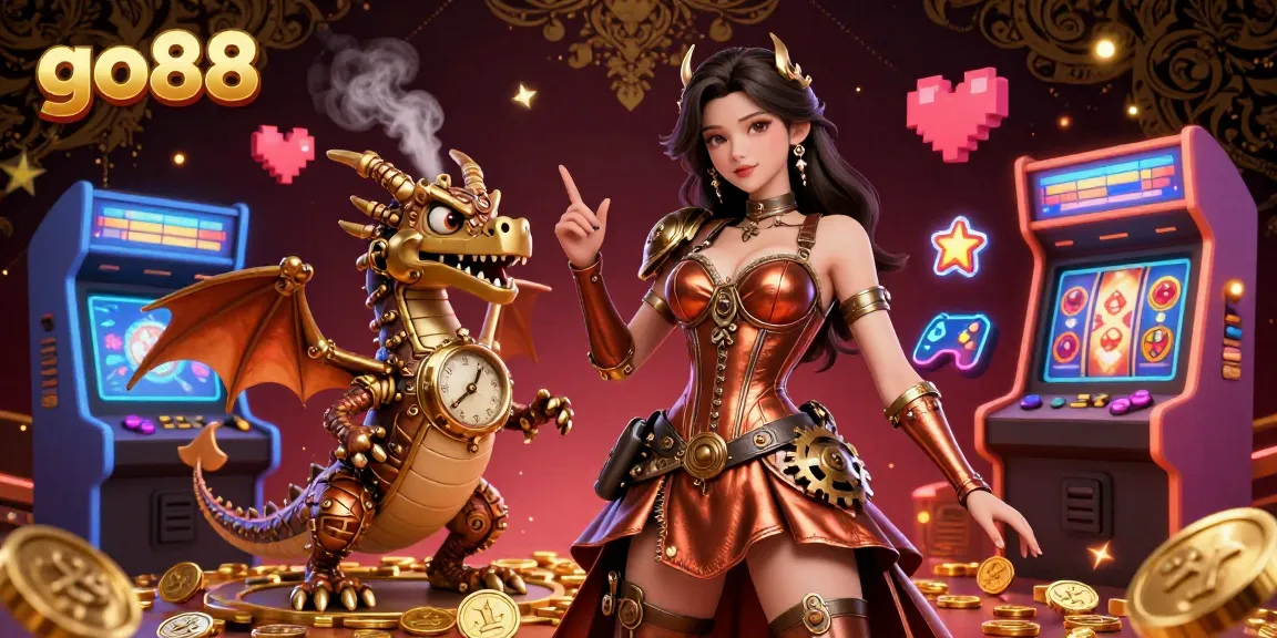 Engage with the vibrant world of go88 featuring a stunning steampunk character amidst casino-themed elements and colorful gaming machines.
