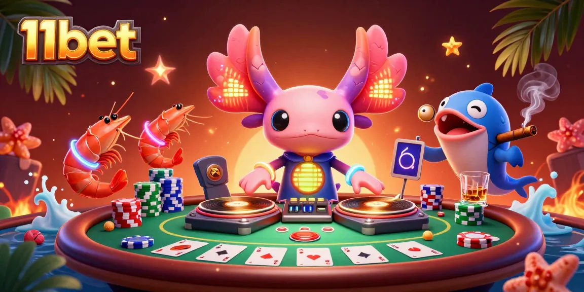 Experience the vibrant underwater casino scene with 11bet's axolotl DJ and poker elements.