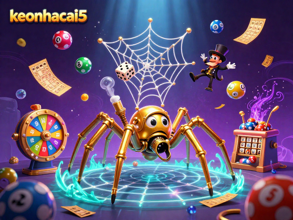 Win with keonhacai5 in this vibrant 3D illustration showcasing a steampunk spider and jackpot elements!