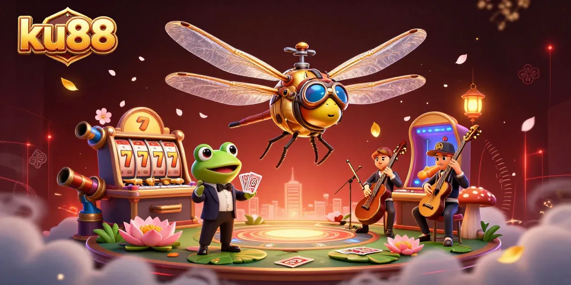 Experience excitement at ku88 with a vibrant scene featuring a dragonfly pilot, frog croupier, and cricket musicians.