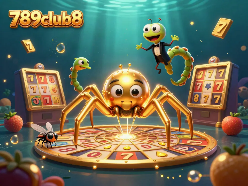 Engage in exciting slots gaming with 789club8 as a golden spider spins a jackpot wheel.