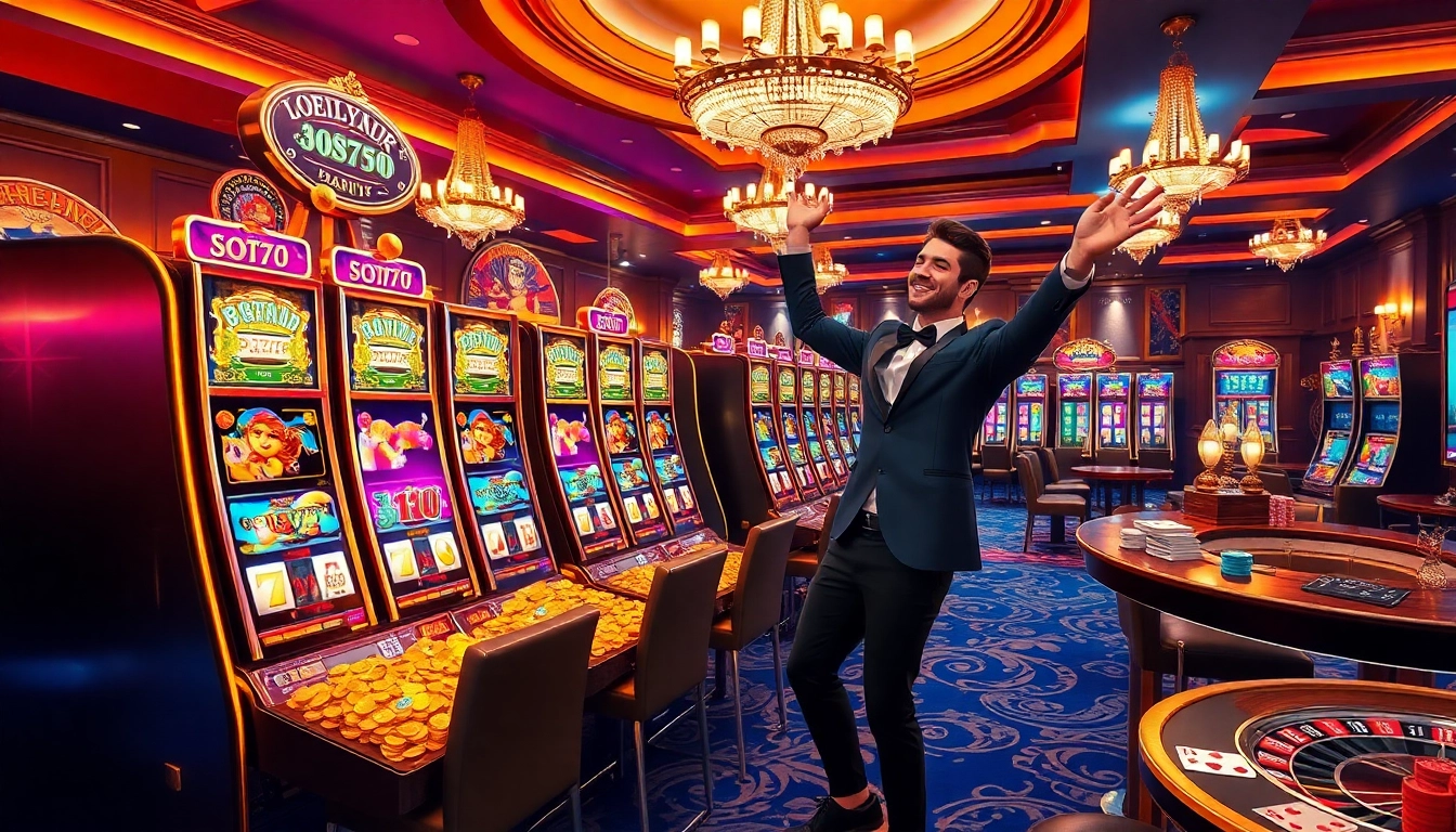 Celebrate a big win at the slot777 casino slot machine with coins and luxury surroundings.