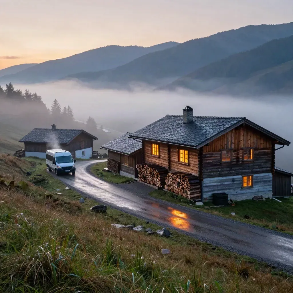 Misty cedar lodge on a rainy valley ridge at dawn with glowing windows and a shuttle van
