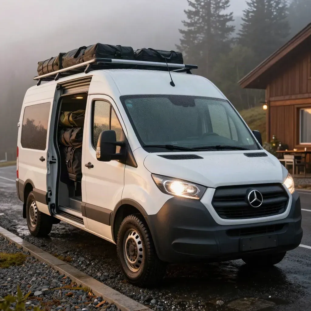 White shuttle van with roof gear and glowing headlights on a wet lodge drive in dusk mist.