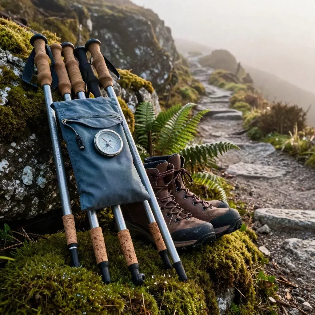 Mist lifts over a mossy trailhead with boots, trekking poles, and a slate-blue compass pouch.