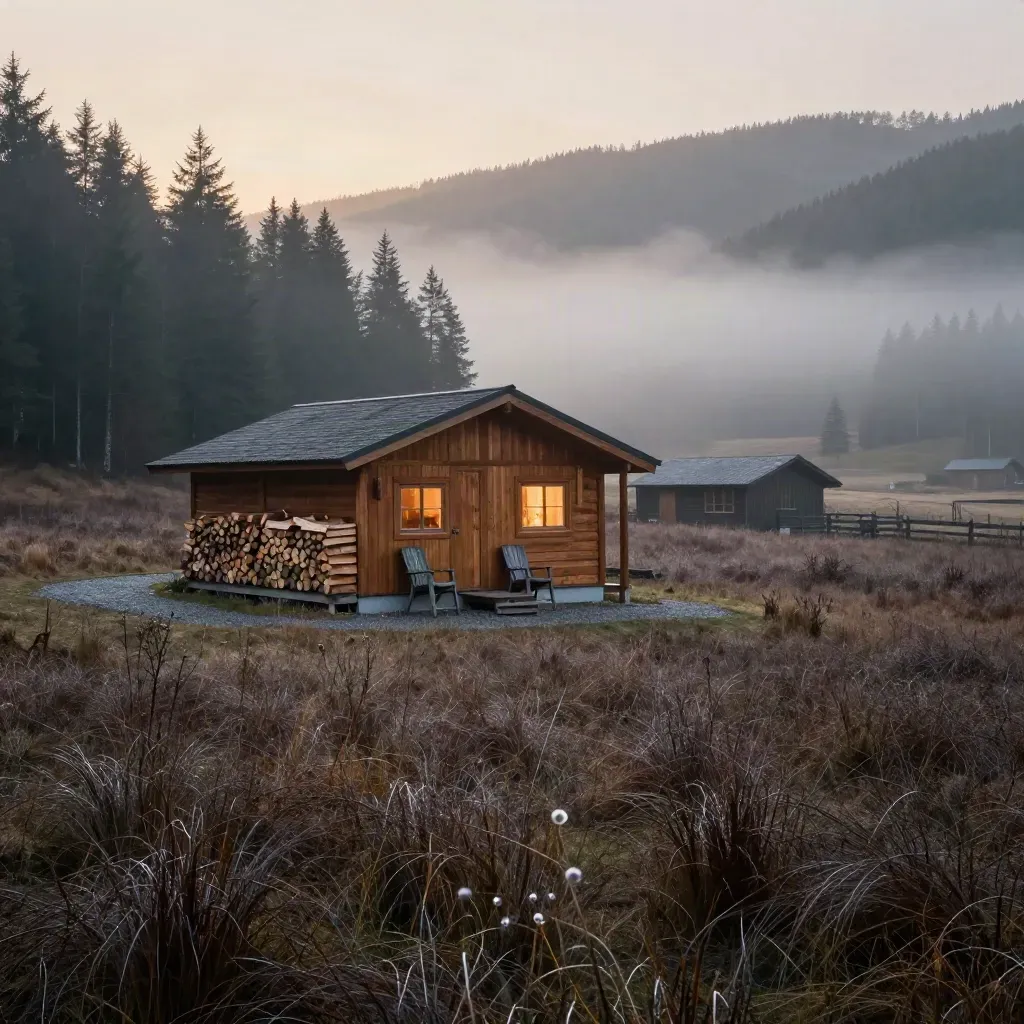 Cedar lodge cabin in misty valley dawn with chairs, firewood, and wet meadow