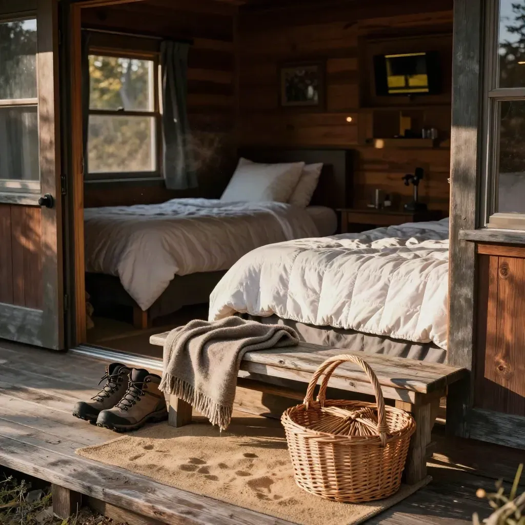 Weekend cabin porch with made beds, boots, a wool throw and picnic basket in warm sun
