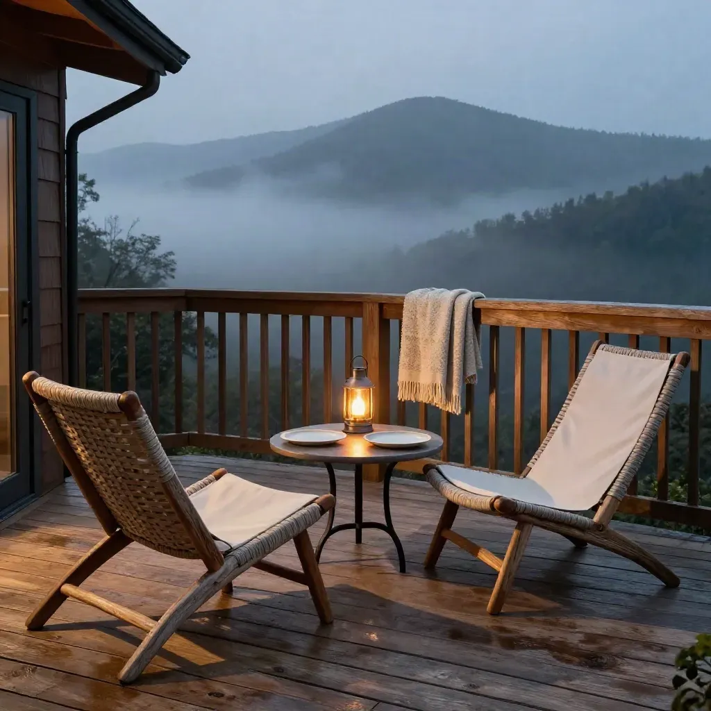 Empty cabin deck with two chairs, lantern, throw, and dinner plates glowing in blue-hour mist.