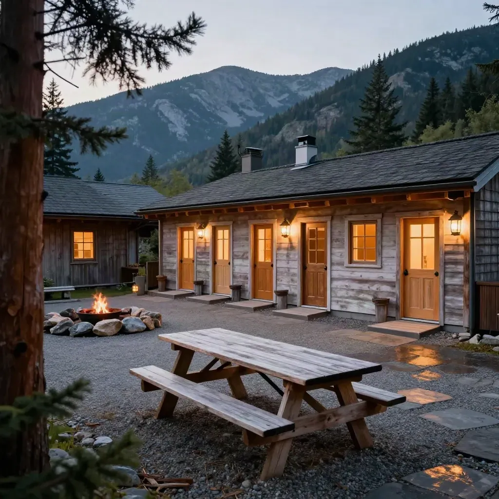 Retreat courtyard at dusk with glowing cabin doors, pine table, lantern-lit paths, and firepit stones.