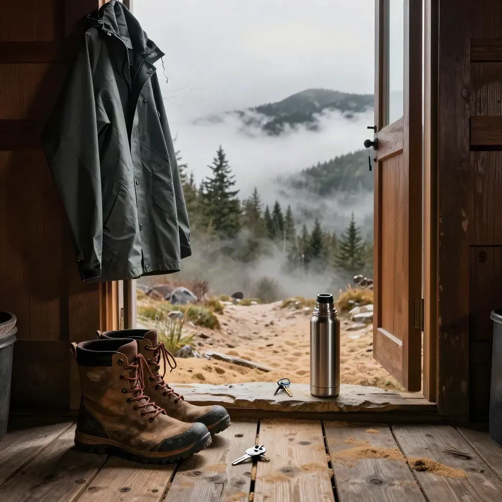 Boots, rain shell, thermos, keys at a cabin door facing a cloudy ridge