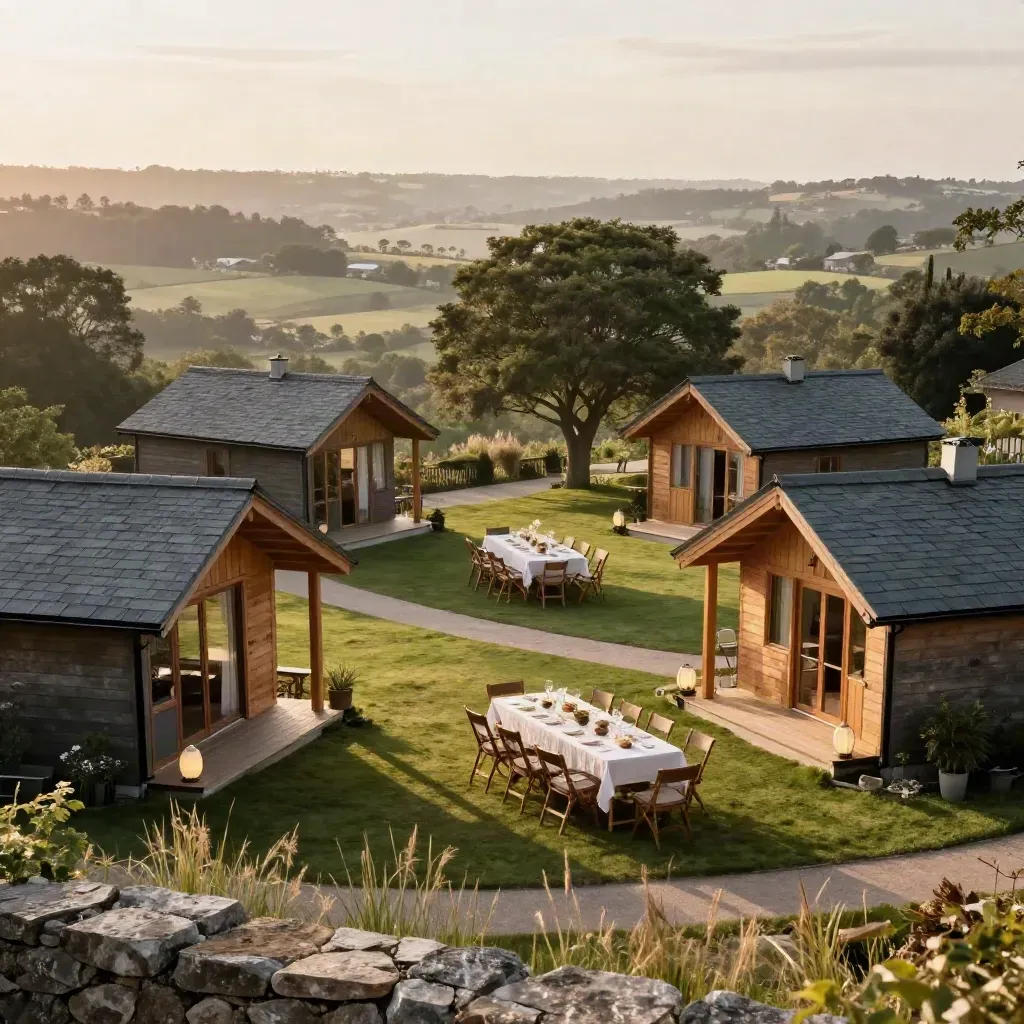 Four cabins ring a shared lawn with lit paths and a long dinner table in warm evening haze.
