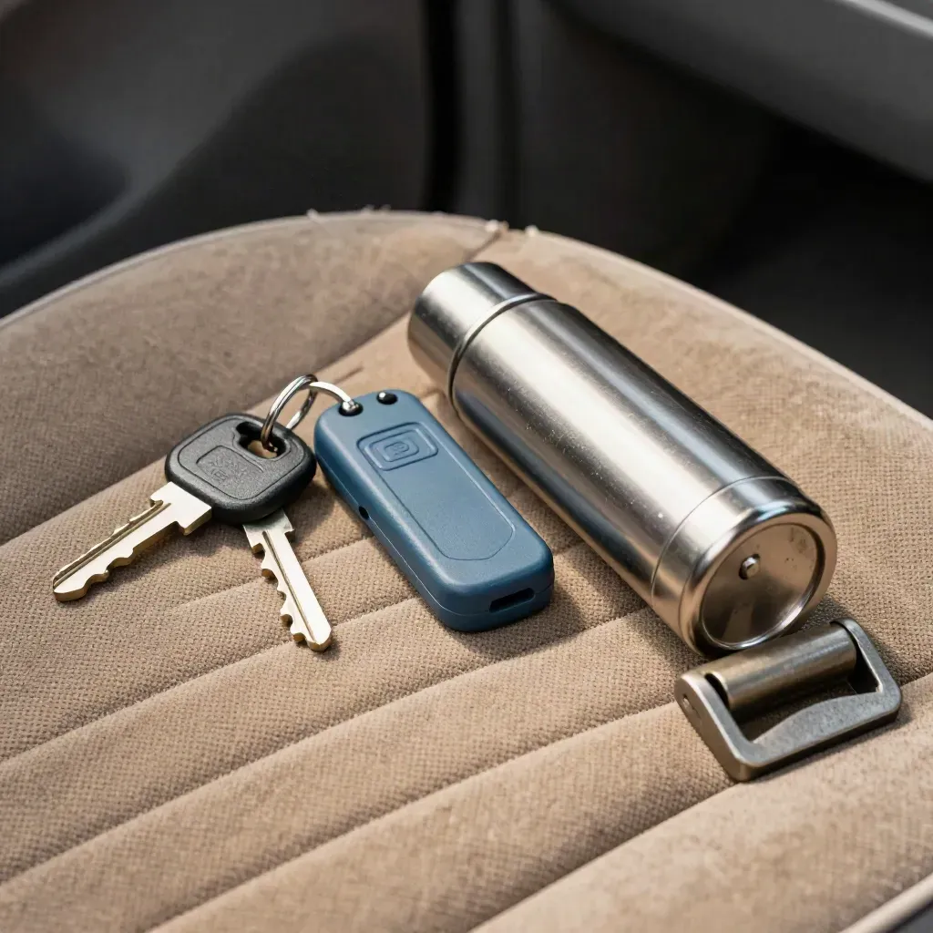 Van key, shuttle fob, thermos and seatbelt buckle on worn seat fabric in garage shade.