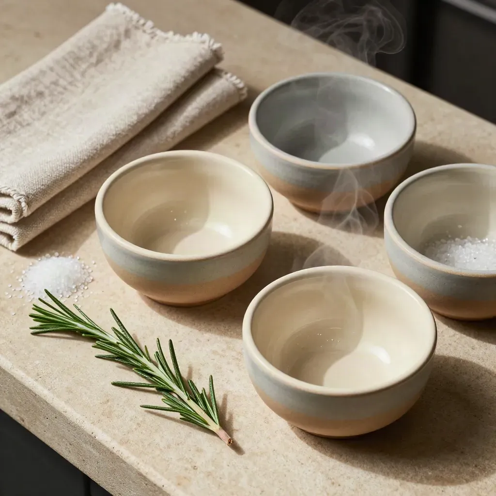 Top-down still life of tasting bowls, salt cellar, rosemary and linen on stone counter