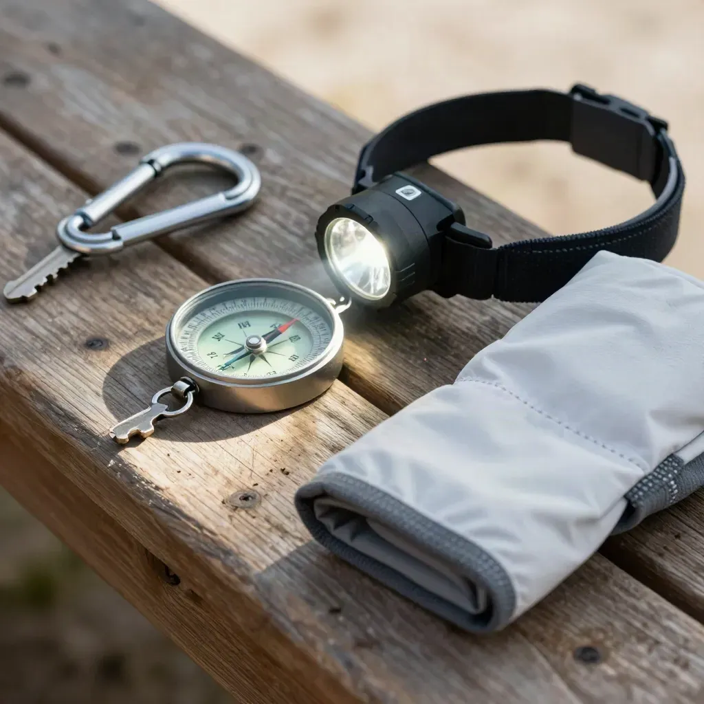 Compass, headlamp, carabiner and trail gaiter on a rough timber bench in hard raking light.