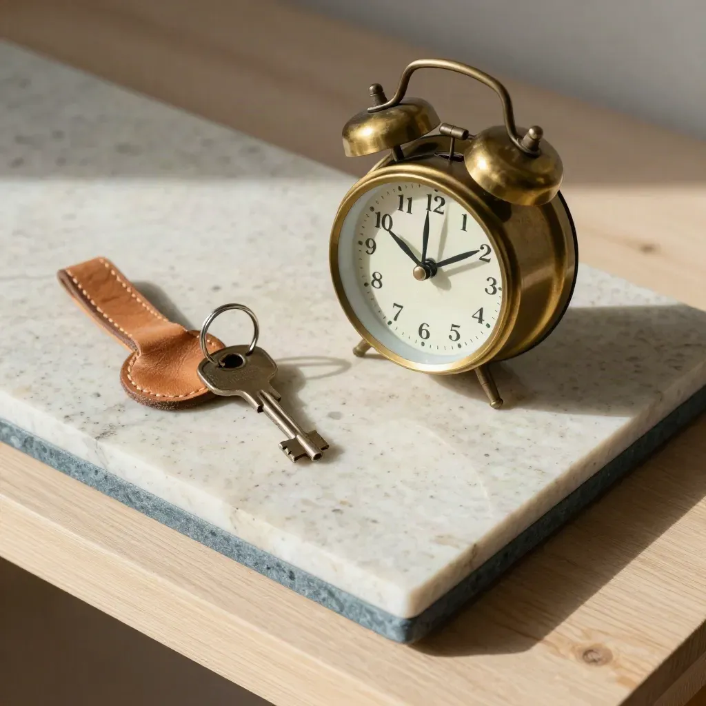 Brass alarm clock, cabin key ring, and leather luggage loop on travertine in soft morning light.
