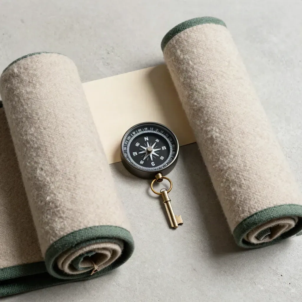 Overhead flatlay of a compass, lodge key and folded wool blanket on concrete