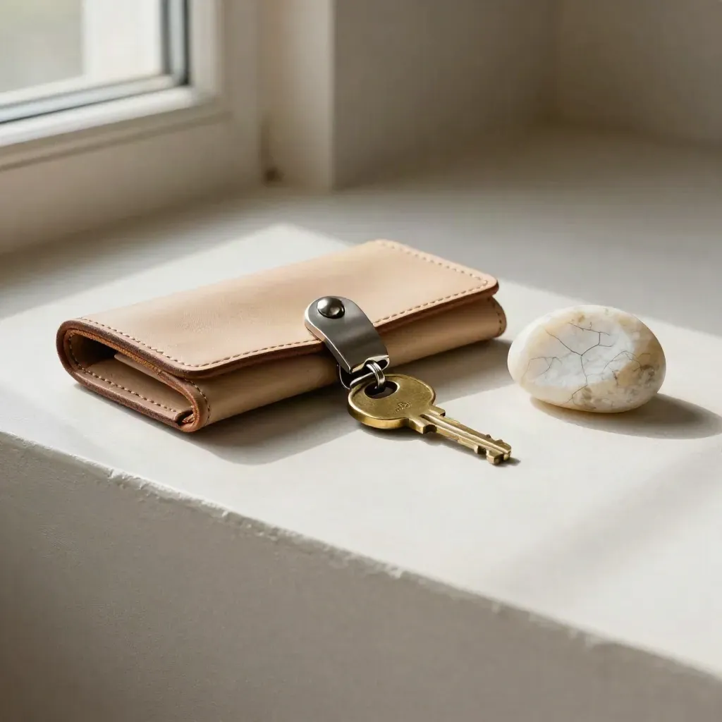 Leather travel folio, shuttle key fob, cabin key and route stone on a pale plaster sweep.