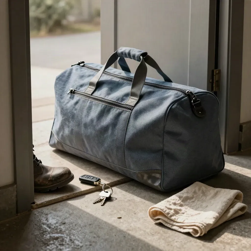 Duﬀel, boot toe, key fob, and lodge key ring at a doorway threshold
