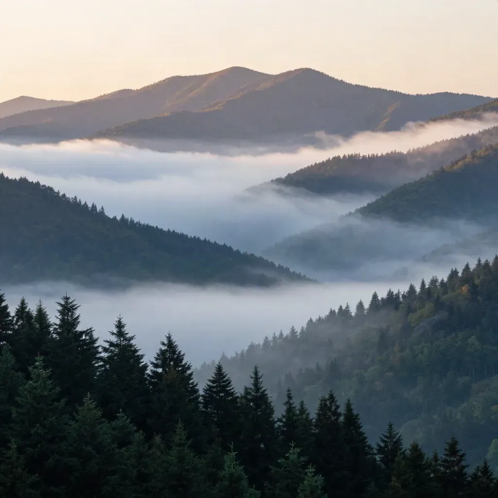 Great Smoky Mountains ridgeline at sunrise with mist, cloud bands, and a deep valley below.