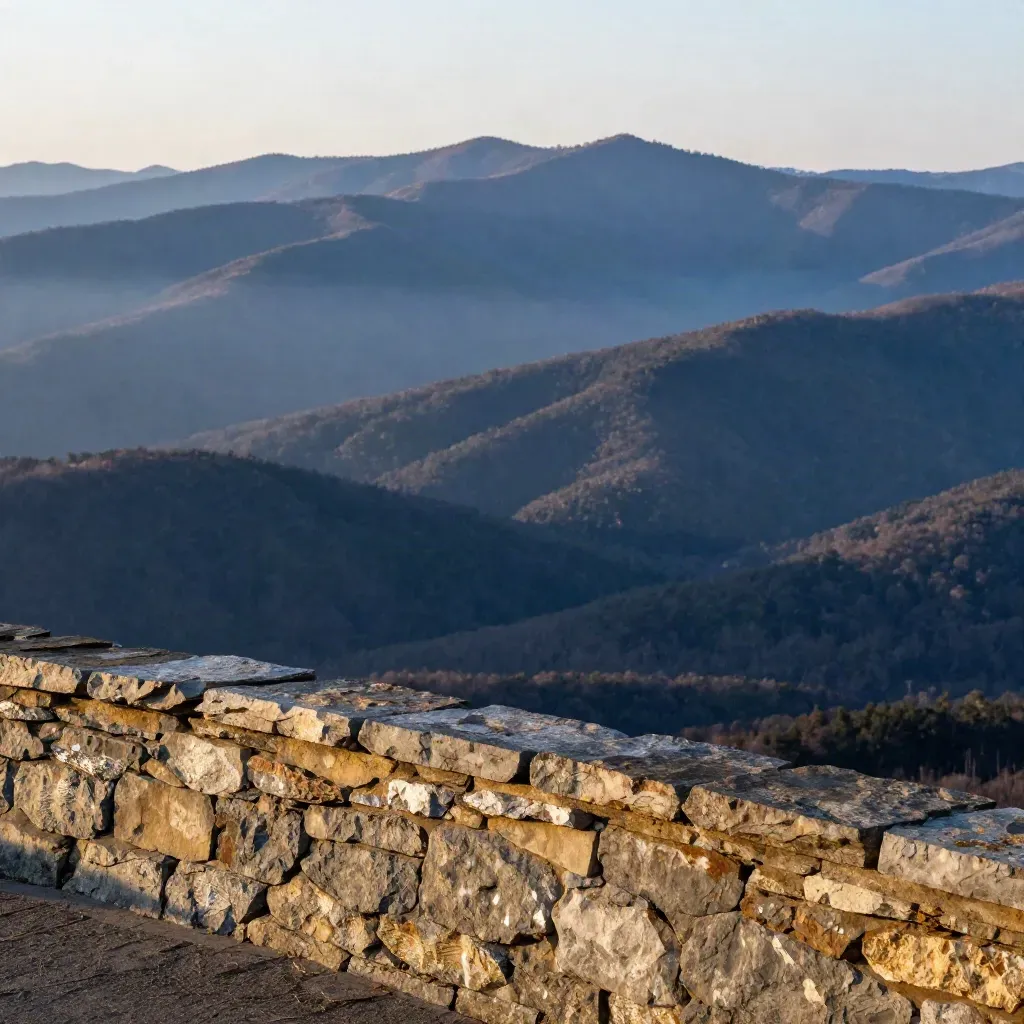 Stone overlook above misty North Georgia foothills with layered blue ridges at sunset.