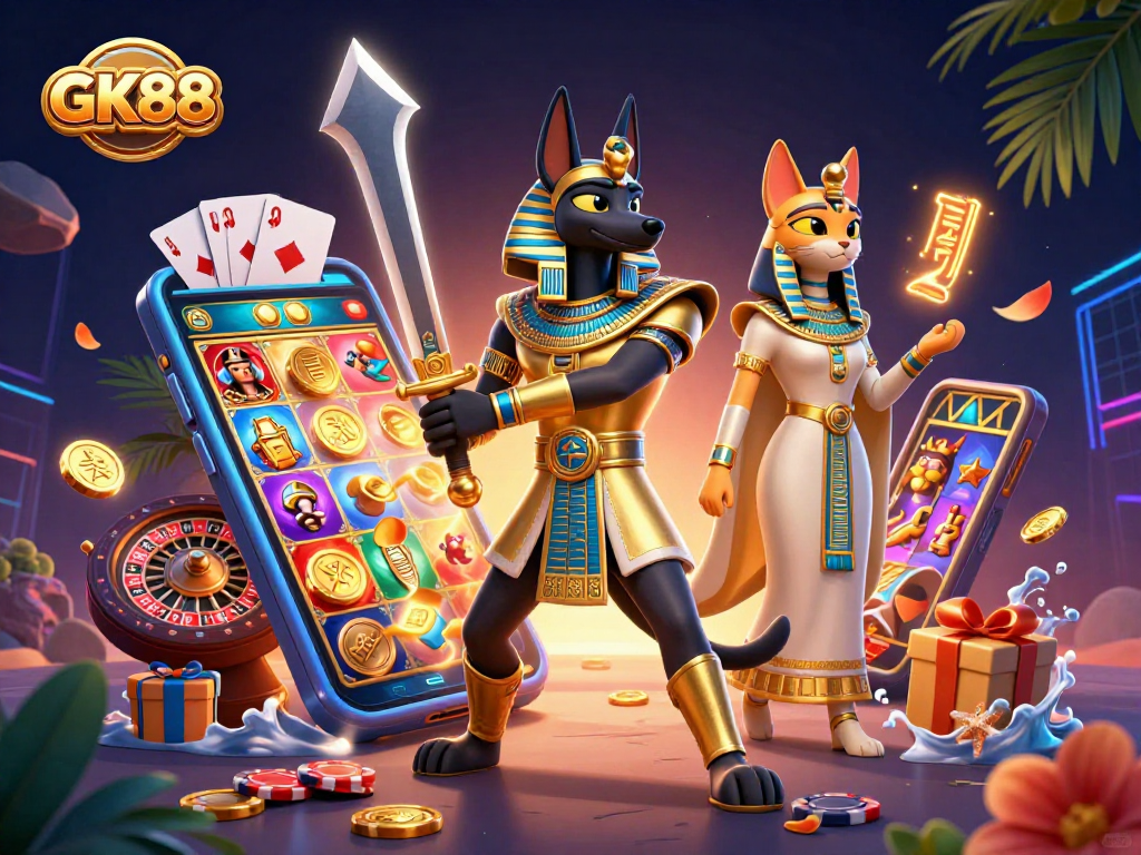 Engage with GK88’s vibrant slot gaming scene featuring Anubis and Bastet, radiating excitement and rewards.