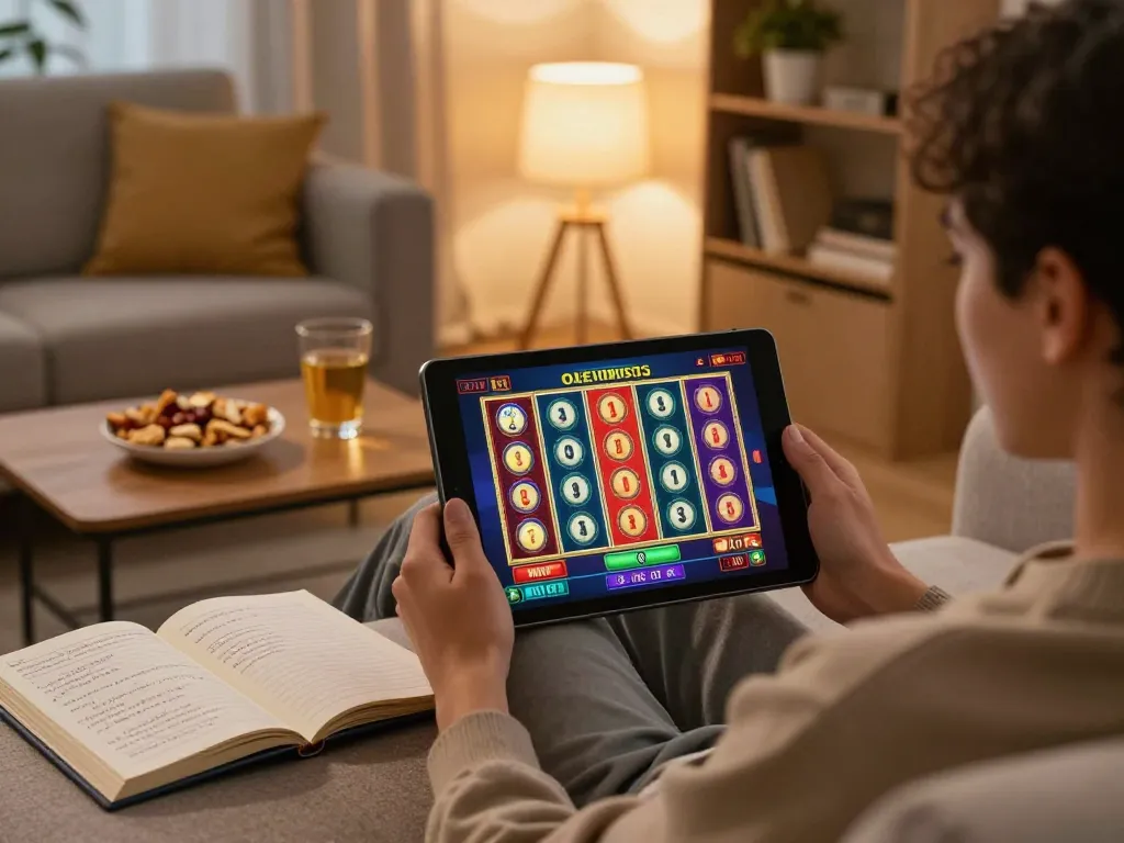 Engaging online slot gacor hari ini gameplay on a tablet in a cozy home setting.
