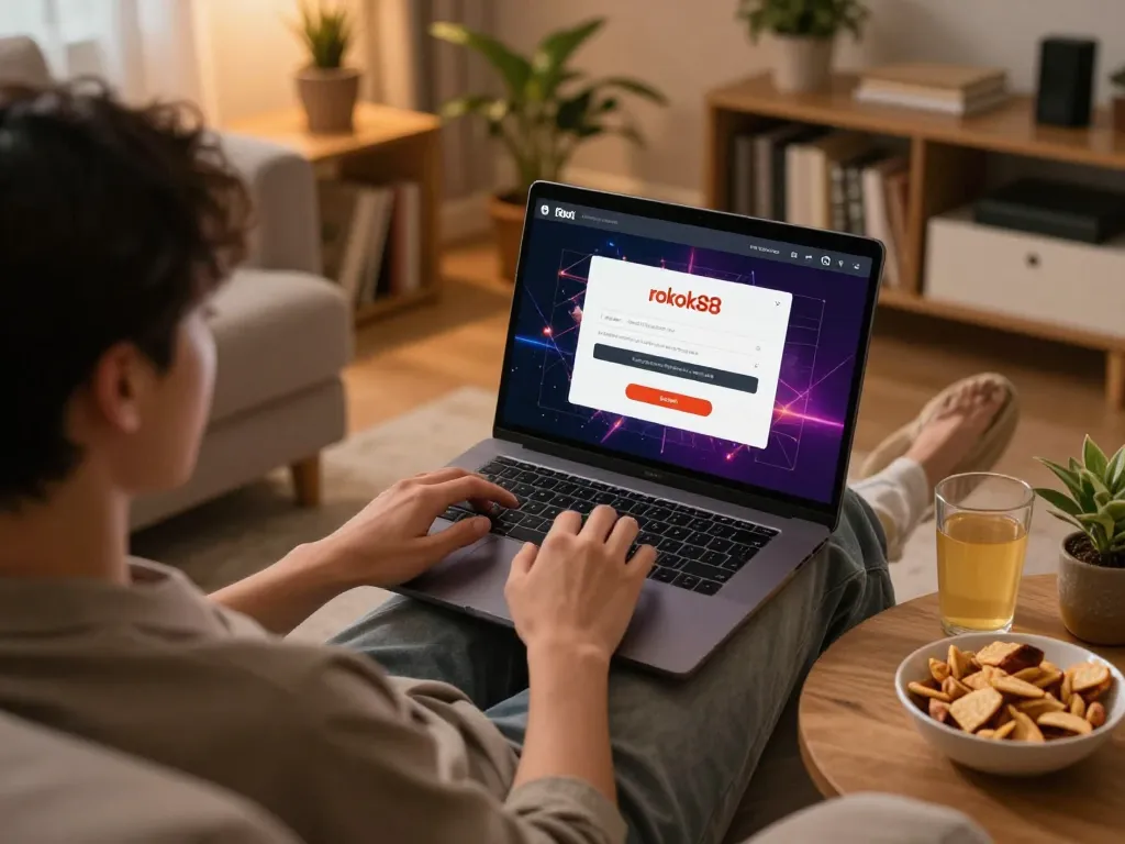Enjoying rokok88 login on a laptop in a cozy home setup, blending gaming with relaxation.