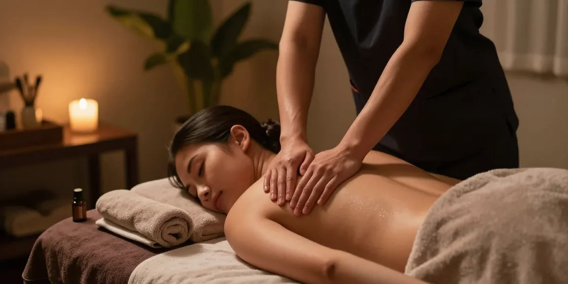 Client receiving 성북출장마사지 in a tranquil home setting with soothing atmosphere.