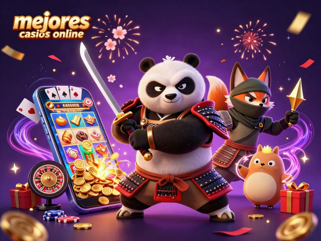 Interacción en los mejores casinos online: samuráis y ninjas rodeados de juegos de azar.