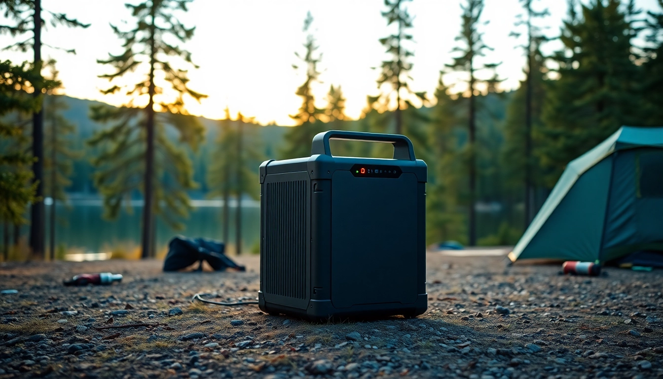 EcoFlow portable power station prominently displayed in a serene camping setting.
