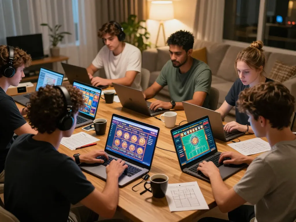 Players enjoying F168 online casino games at home with laptops and warm lighting