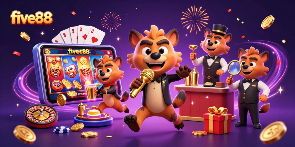 Experience thrilling gameplay at five88 Casino with lively hyenas in a comedic casino scene.