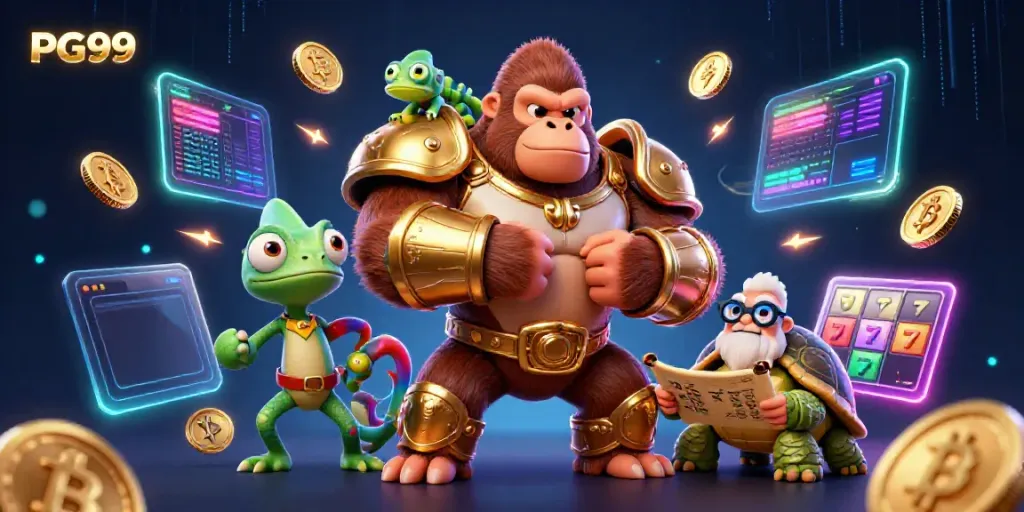 Engage in PG99 casino action with a dynamic scene of cartoon characters, neon crypto elements, and vibrant slot representations.